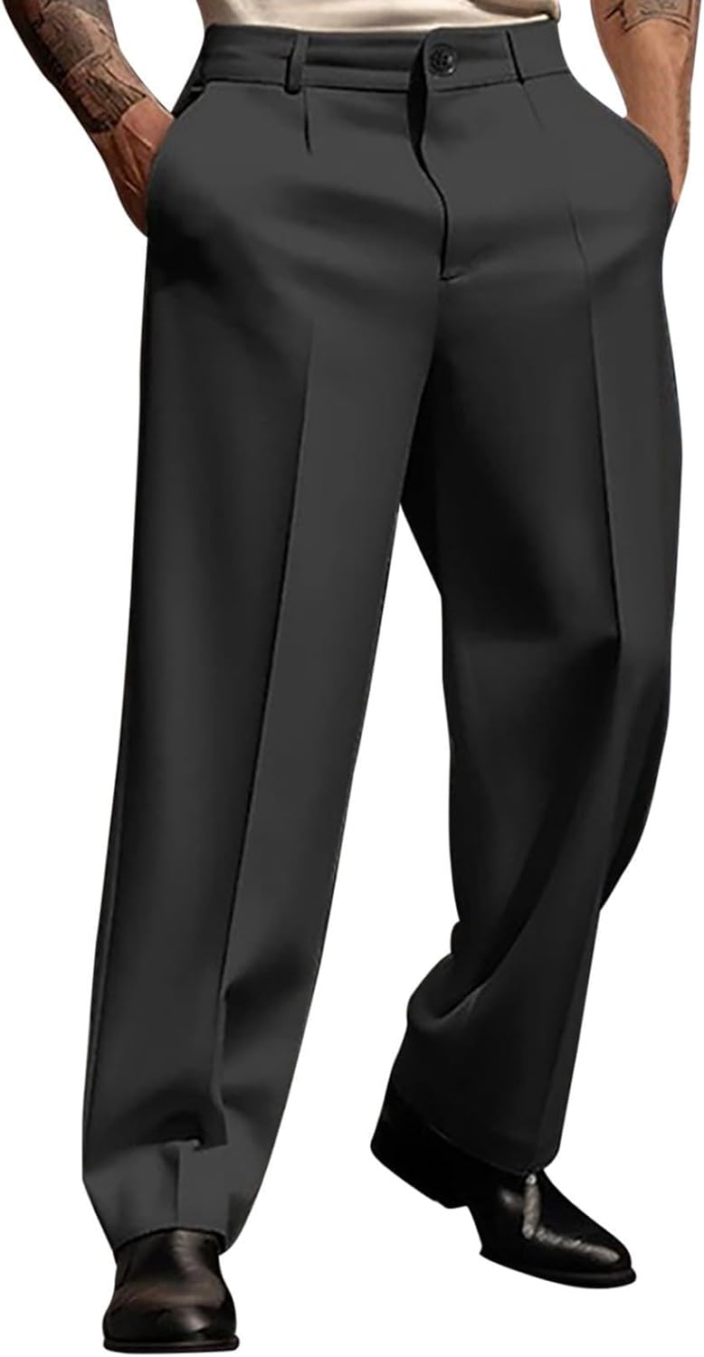 Mens Casual Dress Pants Pleated Old Money Wide Leg Baggy Pants Fall Relaxed Fit Slacks Work Trousers