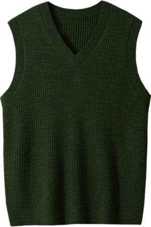 Mens V-Neck Knitted Sweater Sleeveless Pullover Knitwear Vest Solid Plain Loose Fit All Match Sweater Tops