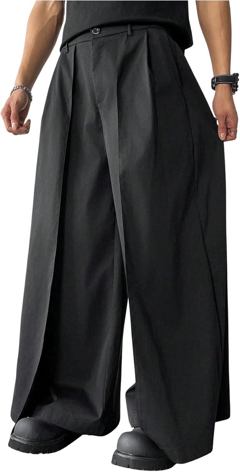 Men's Wide Leg Pleated Pants Zipper Fly Baggy Pants Casual Business Dress Pants