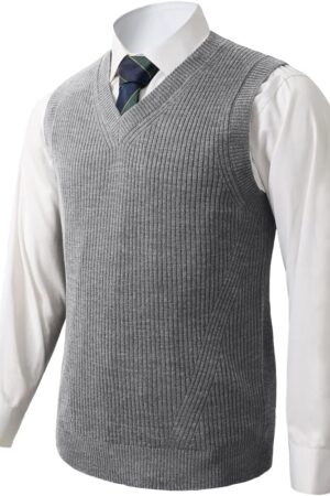 Mens V-Neck Knitted Sweater Vest Solid Plain Sleeveless Pullover Knitwear Loose Fit All Match Sweater Tops