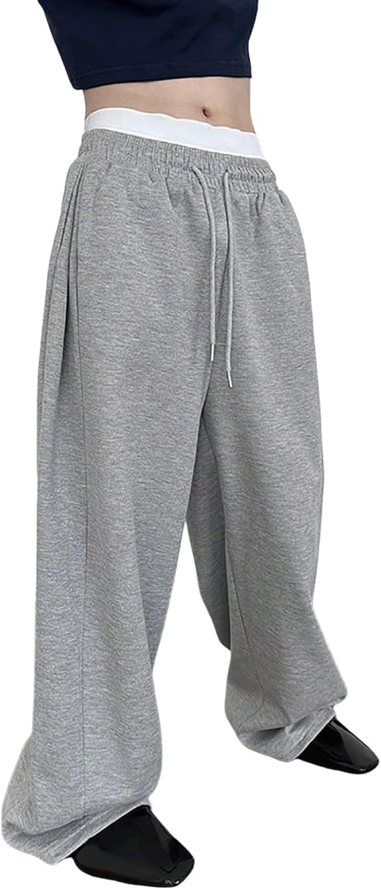Men's Baggy Pants Wide Leg Drawstring Waist Loose Sweatpants with Pockets