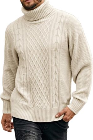 Men's Turtleneck Sweater Pullover Twisted Pattern Casual Loose Fit Thick Winter Long Sleeve Cable Knit Sweaters