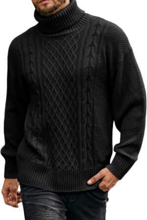 Men's Turtleneck Sweater Pullover Twisted Pattern Casual Loose Fit Thick Winter Long Sleeve Cable Knit Sweaters