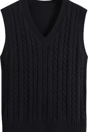 Men's V Neck Sleeveless Casual Cable Knit Sweater Vest Pullover Plain Top