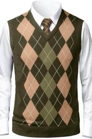 Mens Argyle Sweater V-Neck Casual Winter Slim Fit Lightweight Sleeveless Knitwear Vest