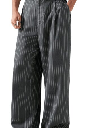 Men's Baggy Casual Pleated Striped Dress Pants  Wide Leg Trousers with Pockets