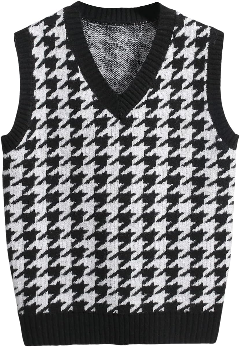 Men's Houndstooth Sweater Vest Sleeveless V Neck Casual Rib Knit Top