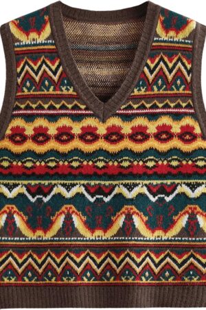 Men's Tribal Print Sweater Vests V Neck Sleeveless Knitted Tank Tops Streetwear